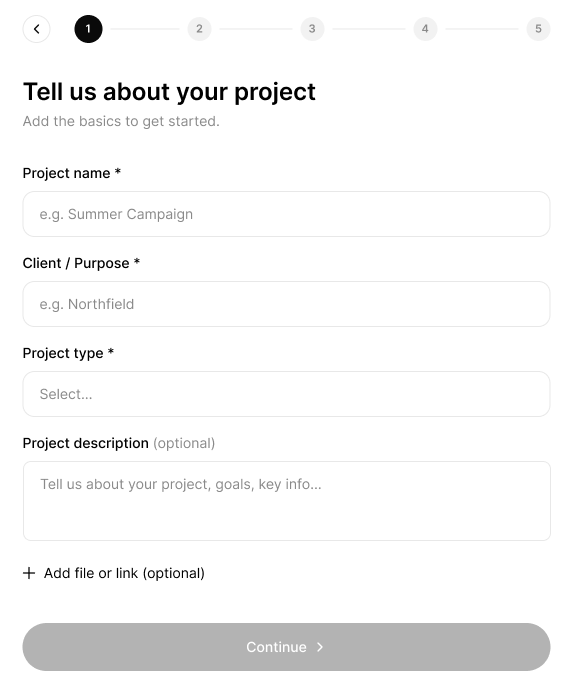 Creating a project: name, client, type and description
